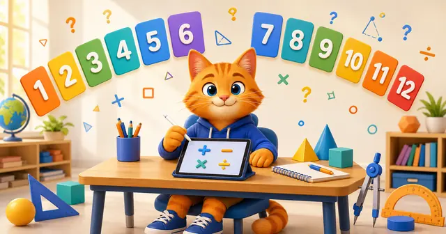 A cheerful Katestai cat with maths grades from 1 to 12