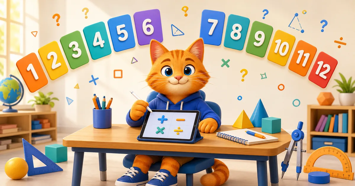 A cheerful Katestai cat with maths grades from 1 to 12