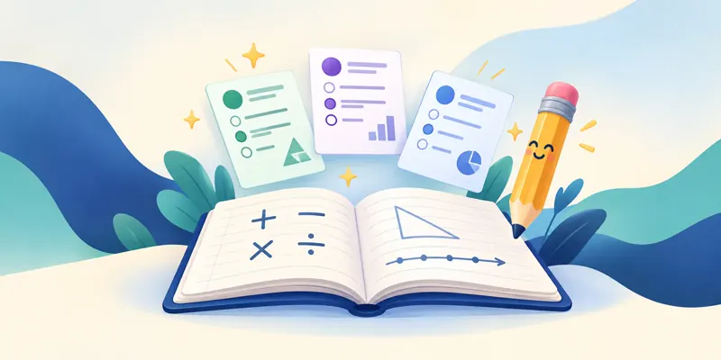An open mathematics notebook, three task cards and a pencil