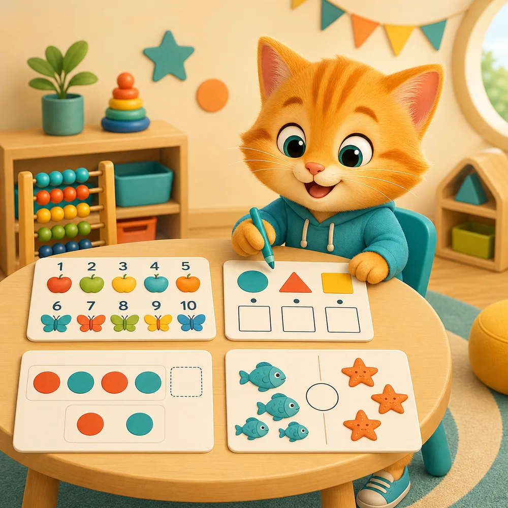 A cheerful Catestia cat completing visual preschool maths activities