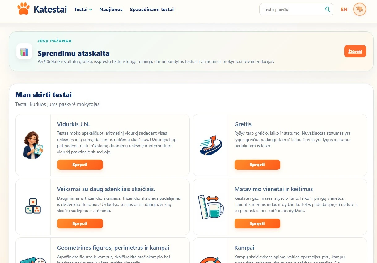 Student dashboard with teacher-assigned tests and a link to the results report