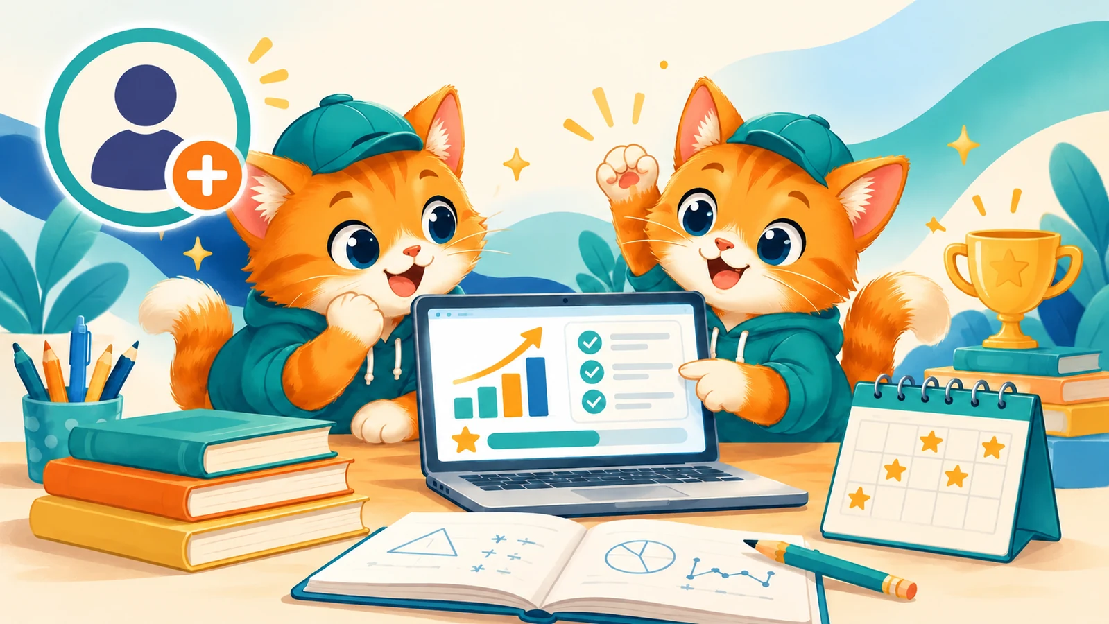 Katestai kittens using a laptop with a progress chart, trophy and calendar