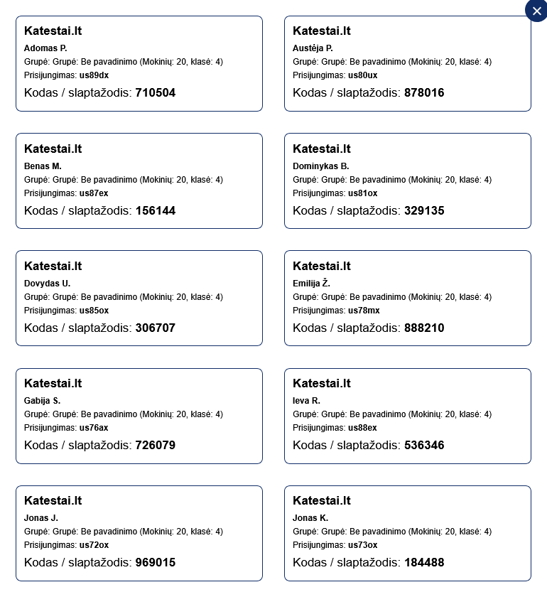 Demo class: printable login cards for the whole class, with names and access codes